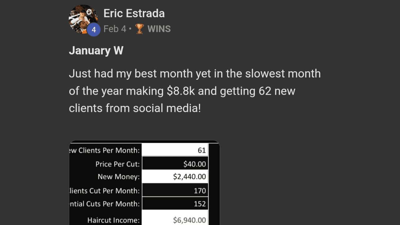 Barber hit $8.8K in his slowest month, landing 62 new clients from social media.