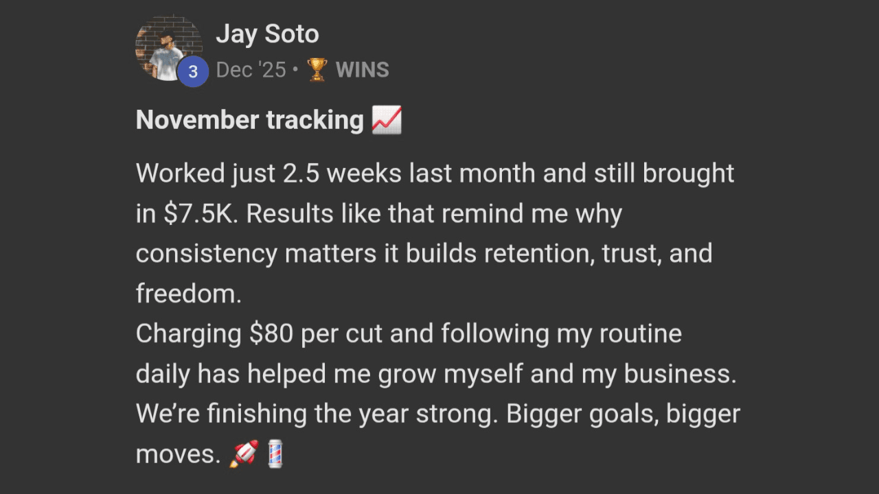Barber brought in $7.5K working just 2.5 weeks, charging $80 per cut.